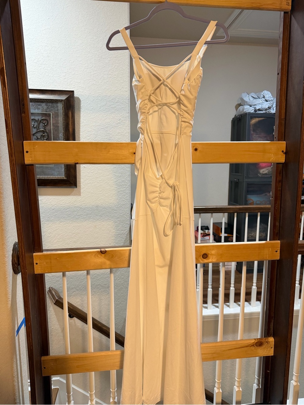 HALARA Ivory white Ruched Lace-Up Open Back Maxi Dress- Medium - Picture 7 of 9